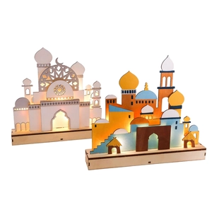 Islamic Mosque Wooden LED Night Light Ramadan Eid Table Lamp Hollow Star Moon Pattern Desktop Ornament Festive Home Decor