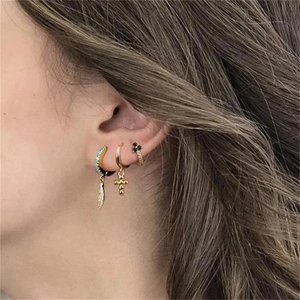 S925 sterling silver gold hoop earrings set with cross, feather pendants and flower studs