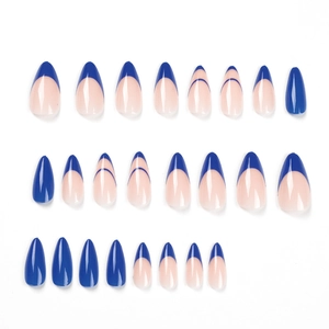 French blue and nude press-on nails in elegant long almond shape, 24-piece set