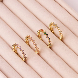 Adjustable Copper Ring Gold Plated Wavy Band Cubic Zirconia Inlaid Colorful Retro Luxury Finger Jewelry For Women