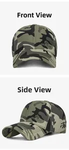 Front and side views of camouflage baseball cap with 3D letter embroidery and curved brim