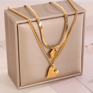 Double Layer Stainless Steel Necklace Heart Geometric Pendant Snake Link Chain French Vintage Style For Women