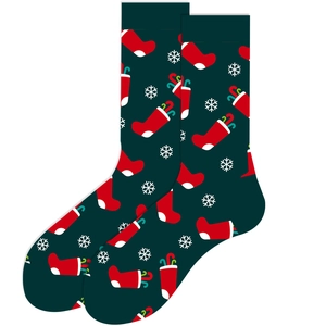 Detail of Christmas crew socks with candy cane and snowflake patterns on dark green