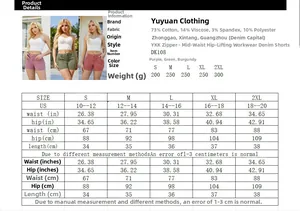 Detailed size chart for mid-waist cargo denim shorts featuring US sizes and measurements