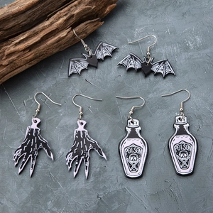 Gothic Halloween earring set with acrylic bat, ghost hand and poison bottle charms