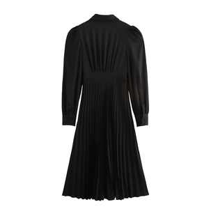 Elegant French pleated black long sleeve dress with waist tie and lapel design