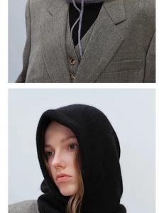Detailed close-up of a black knitted balaclava hood paired with a grey herringbone blazer