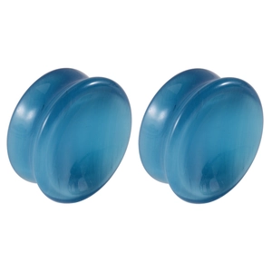 Polished blue natural stone ear gauges with saddle plug design on white background