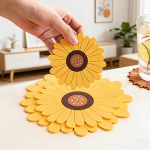 PVC Heat Resistant Placemats And Coasters Cute Sunflower Cherry Flower Pizza Shapes Non-Slip Table Mats Dining Decor
