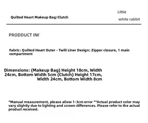 Detailed size and material information for quilted heart pattern makeup bag and clutch bag