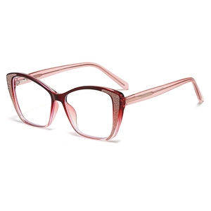 Cat eye blue light blocking glasses with burgundy pink gradient and gold glitter frames