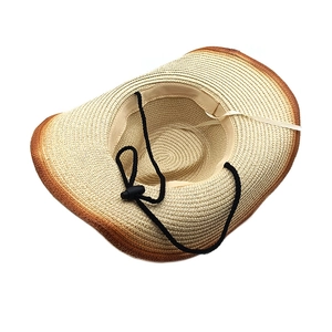 Western straw sun hat with gradient brown brim and adjustable windproof lanyard
