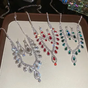 Luxury water drop pendant necklace and tassel earrings jewelry set in three elegant colors