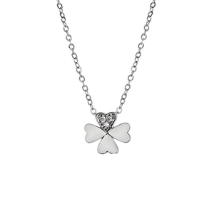 Silver four-leaf clover heart necklace with crystals on minimalist O-chain link