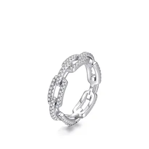 S925 sterling silver chain link ring with sparkling cubic zirconia stones on white background