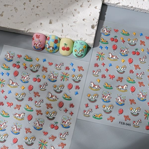 Detailed 3D relief nail art stickers with rocking horse and cherry designs for 2025