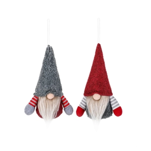 Set of two festive Christmas gnome ornaments in red and grey with striped sleeves