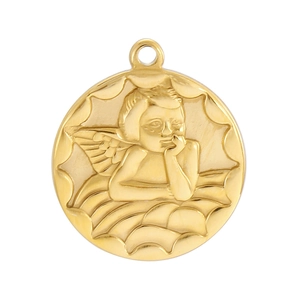 Detailed close-up of a golden round angel pendant with 3D embossed cupid design