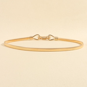 Close-up of golden elastic metal waist belt with spring chain and hook clasp detail