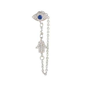 Detail of silver chain earring with Hamsa Hand and blue Evil Eye amulets set with zircons