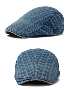 Detailed side view of vintage denim stripe flat cap showing retro metal buckle and stitching