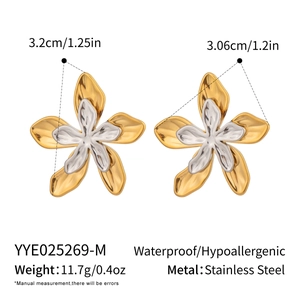 Detailed view of two-tone flower earrings in gold and silver with size measurements