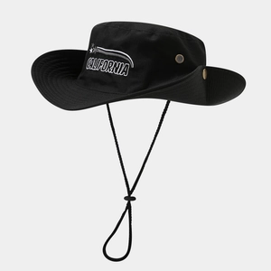 Outdoor black wide brim sun hat with California embroidery and adjustable windproof cord