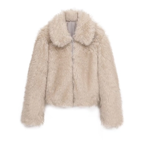 Veste chic en fausse fourrure beige pour femme avec grand revers et fermeture éclair