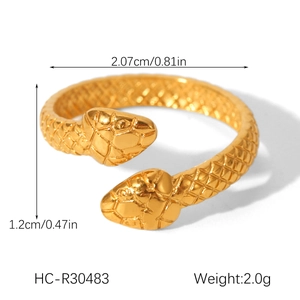 Detailed size specifications for the gold-plated 18K stainless steel snake open ring
