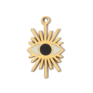 Golden eye-shaped titanium steel pendant featuring black and white enamel sunburst details