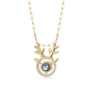 Golden stag horn projection necklace with cubic zirconia and 100 languages I love you stone