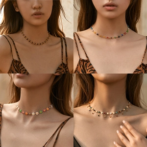 Bohemian daisy flower and colorful beaded choker necklace collection for women