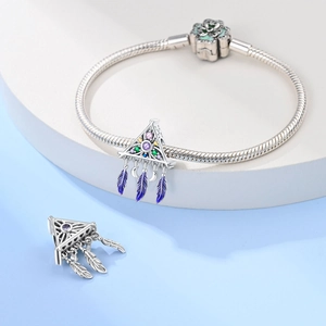925 silver dreamcatcher charm bracelet with moon beads and purple gradient feathers