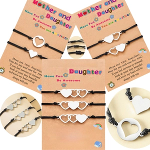 Stainless steel heart mother daughter matching bracelets set with black woven ropes