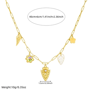 Gold stainless steel paperclip necklace with wing, flower and arrow pendants, 46cm length