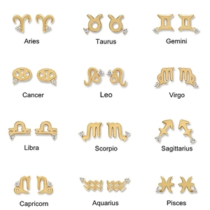 Set of 12 pairs of golden zodiac stud earrings with small zircon stones in grid layout