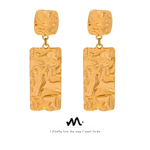 Retro Hammered Texture Rectangular Drop Earrings Gold Plated Titanium Steel Geometric Minimalist For Women