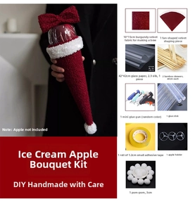 Detailed components of DIY lamb wool apple flower bouquet kit including tools and fabric