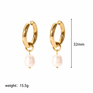 18k gold plated hoop earrings with irregular baroque pearl drop charms, 32mm length