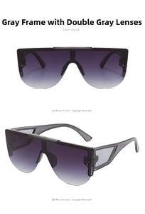 Close-up of frameless grey gradient sunglasses with geometric hollow temple design
