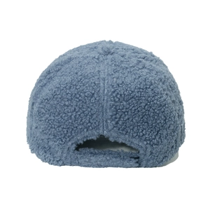 Rear view of blue faux shearling baseball cap showing adjustable strap and texture