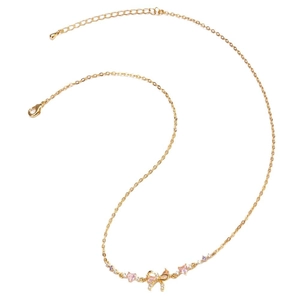 Gold butterfly bow necklace with pink and clear zircons and tiny heart accents