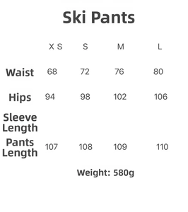 Size chart for women's ski pants showing waist, hip, and length measurements in cm