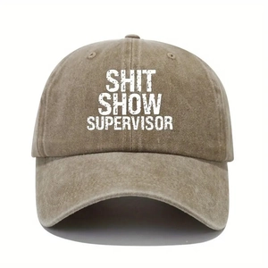 Vintage washed khaki baseball cap featuring white Shit Show Supervisor text design