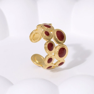 Retro geometric hollow 18K gold plated ring with red enamel details for women