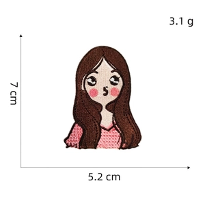 Detail view of cartoon girl embroidery patch with dimensions 7cm x 5.2cm for DIY clothing