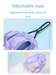 Detail of adjustable windproof rope and toggle on purple tie-dye canvas pet sun hat