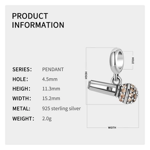 Detailed technical diagram of a S925 sterling silver microphone pendant with measurements