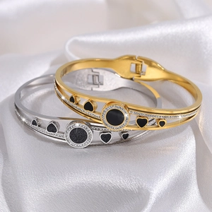 Titanium steel heart open bangle with black enamel shell and sparkling white zircon inlay