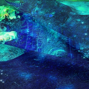 Macro detail of psychedelic mushroom forest tapestry with vibrant neon fabric texture